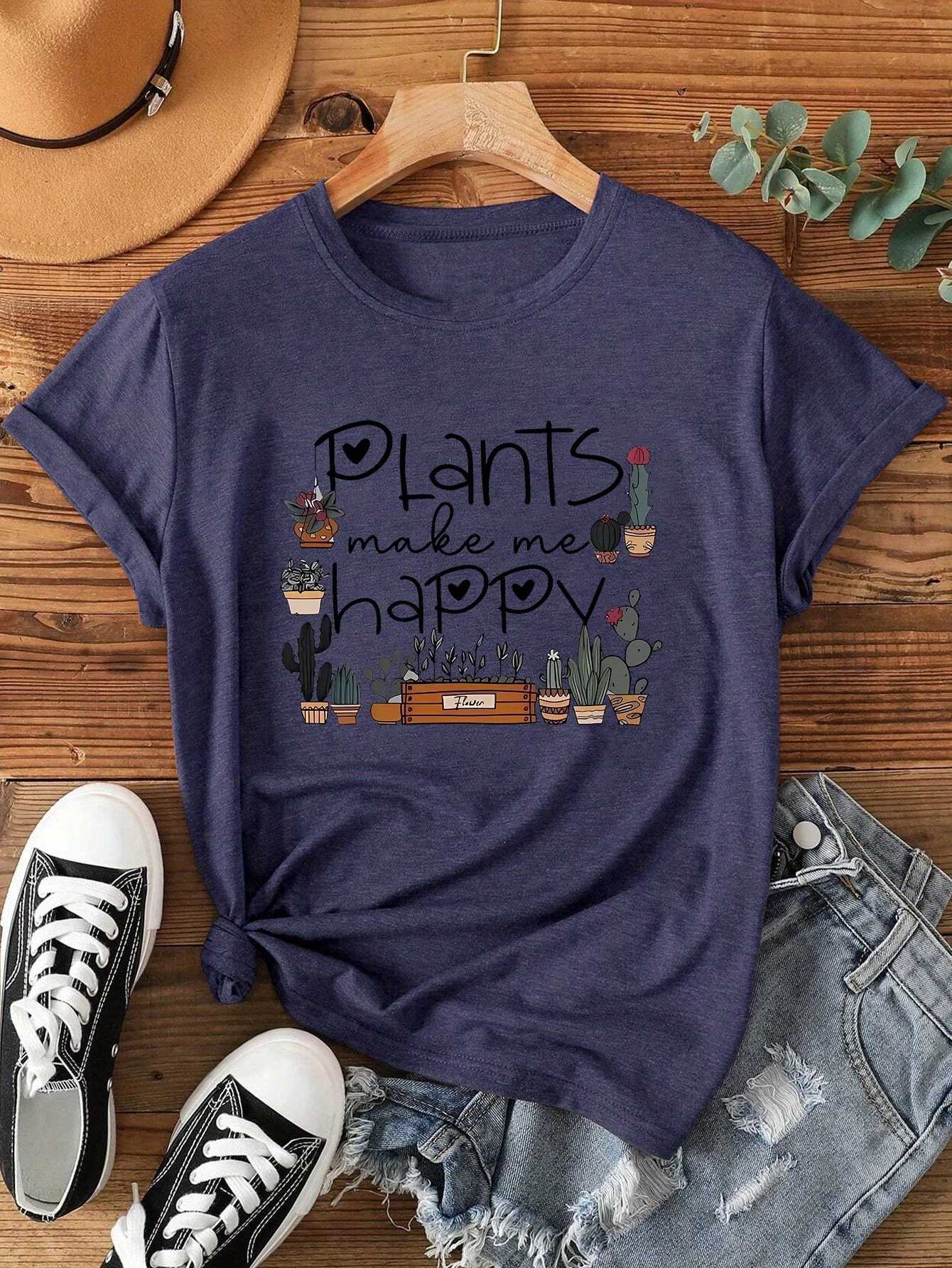 Plants Make Me Happy Womens Tee - Cute Plant Lover Graphic Casual Green Top M260317