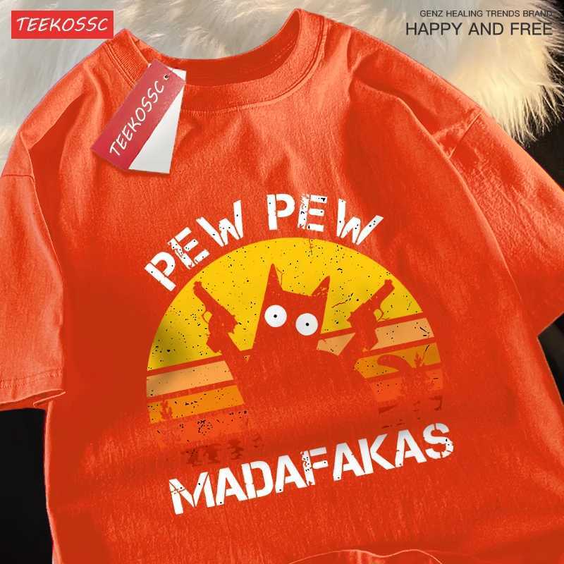 Pew Madafakas Cat With Two Guns T-Shirts Man Street Summer Short Sleeve Harajuku Cotton Tshirt Oversized Breathable Tops M260317