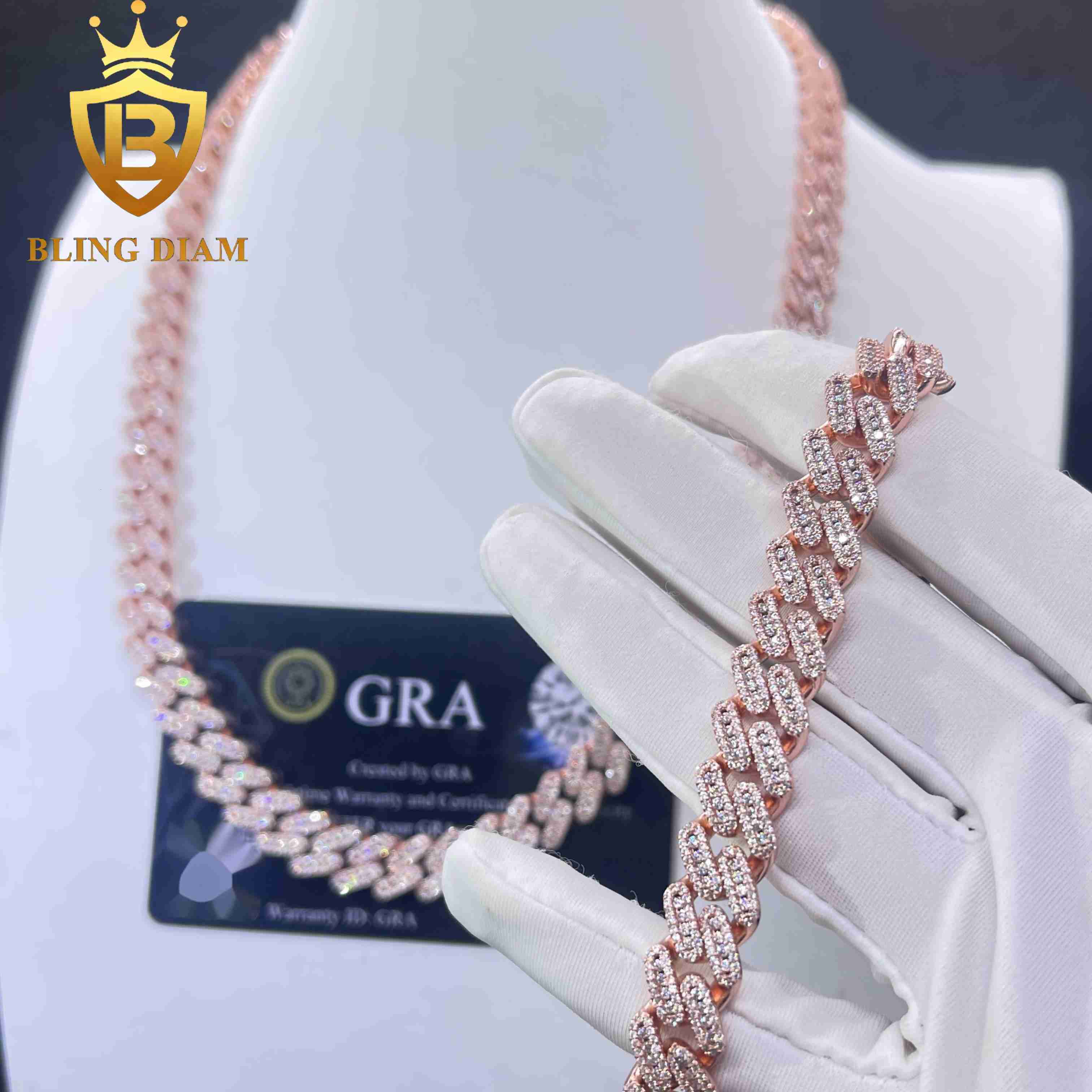 10mm Hip Hop Jewelry Miami Rose Gold Cuban Link Chain Moissanite Iced Out 925 Sterling Silver Necklace Bracelet Set for Men