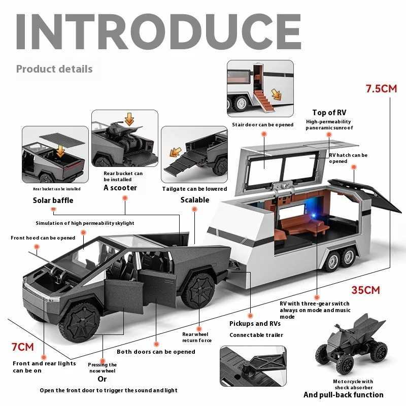 132 Cybertruck Off Road Vehicle Alloy Metal Diecast Model Car Sound Light Collection Hobby Decoration Display Gift For friend D260317