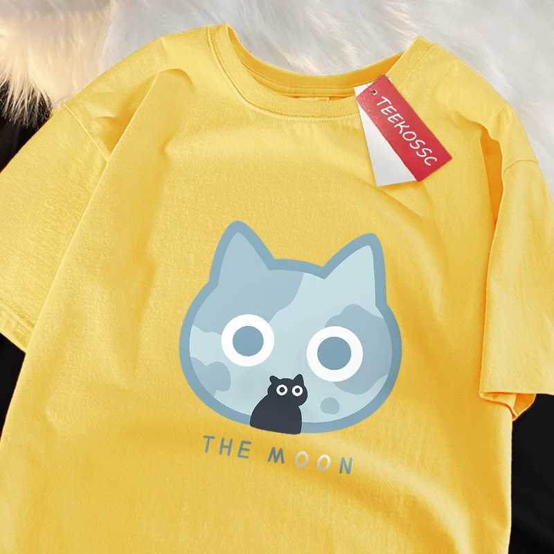 The Moon Blue Cat Fun Japanese Style Men Women T-Shirts Cotton Oversized Short Sleeve Shirt Loose T-Shirt Breathable Casual Tops M260317