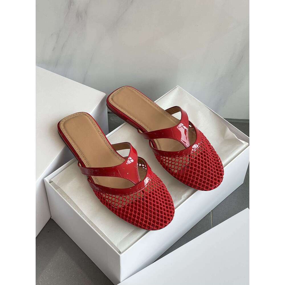 Women Supplies Spring New Fishnet Hollow Out Breathable Flip Flop Sandals With Closed Toe And Flat Sole