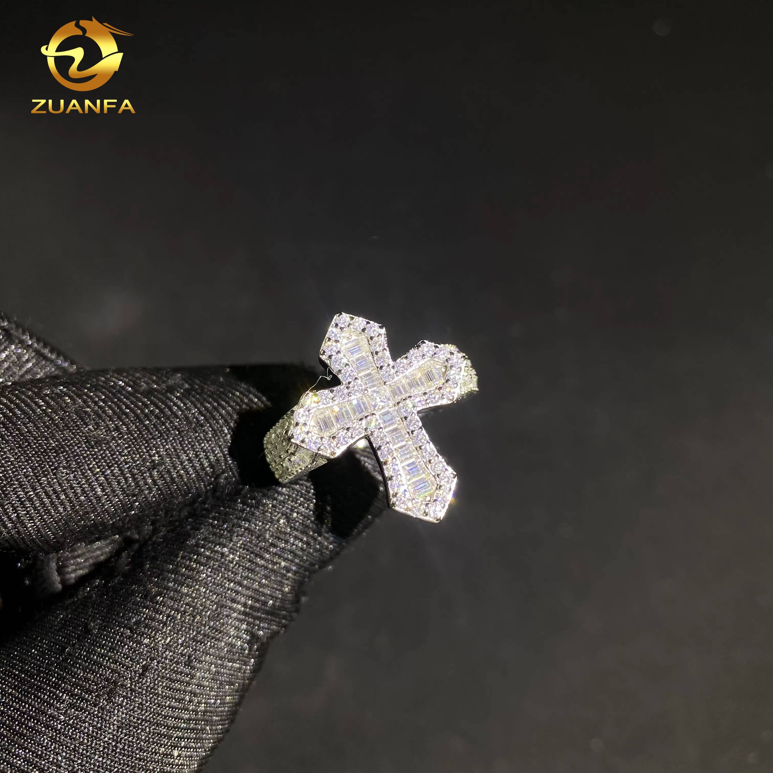925 Silver Fine Jewelry Iced Out Diamond Ring Custom Hip Hop VVS D Moissanite Baguette Diamond Cross Rings GRA Certificate
