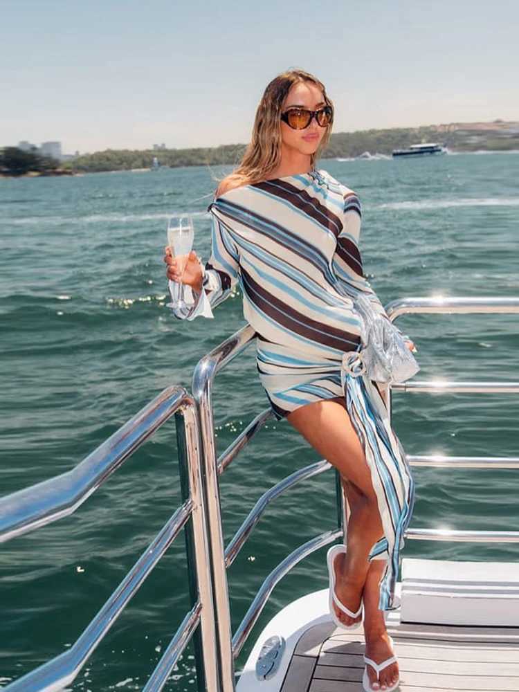 Chic One Shoulder Striped Resort Dress Women Contrast Tie Waist Full Slve Mini Dresses Female Boho Fashion Beach Lady Vestidos X260316