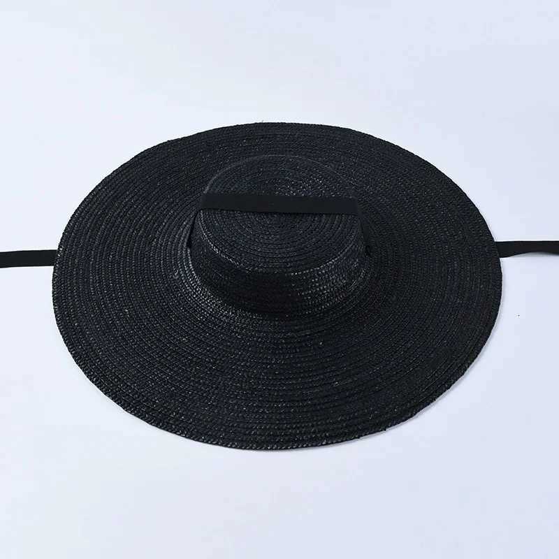 Black Wide Brim Flat Top Ribbon Straw Hat Summer Hats for Women Girl Boater Beach Cap with Chin Strap Outdoor Vacation Sun Hat H260317 - view 4