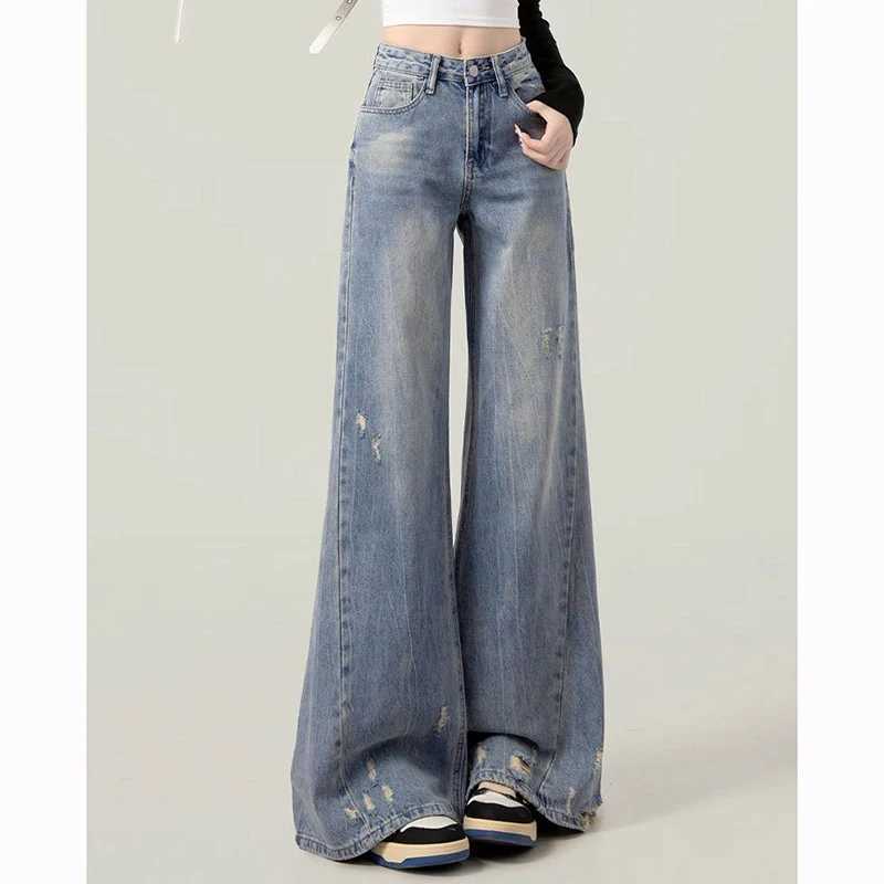 s Korean High Waist Loose Fit Jeans Women New Fashion Straight Leg Denim Trousers Lady Vintage Ripped Blue Thin Pants M260317