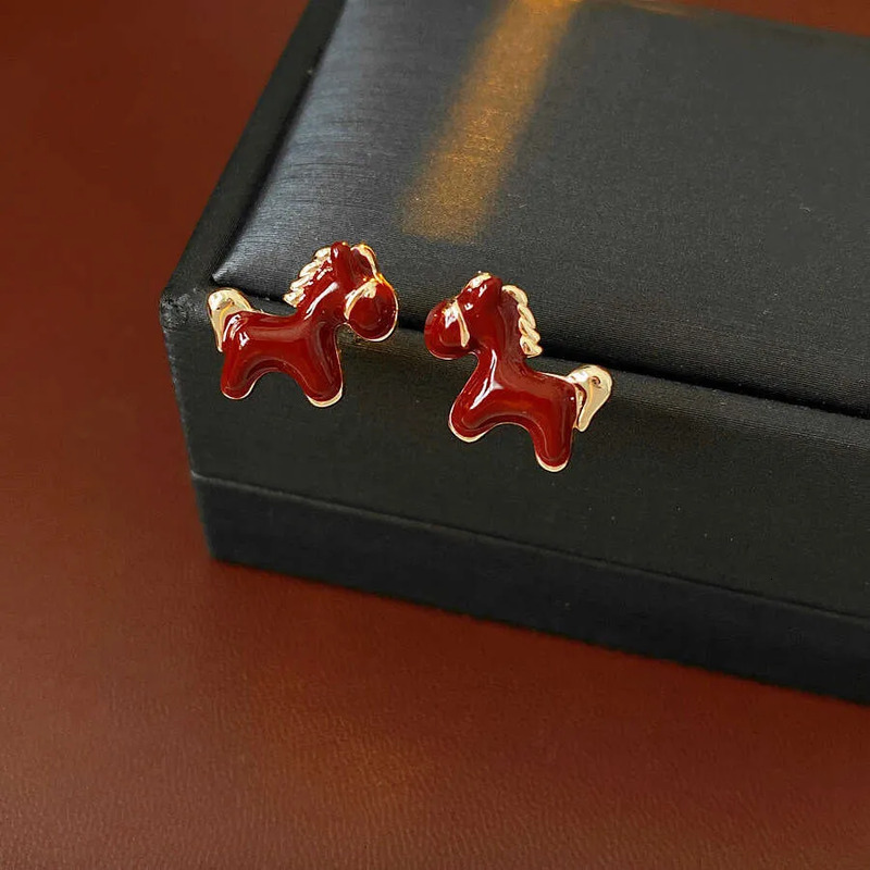 Jewelry Gold Plated Horse Red Enamel Drip Vintage Stud Earrings For Women Dainty Designer Animal Hypoallergenic Elegant Gift