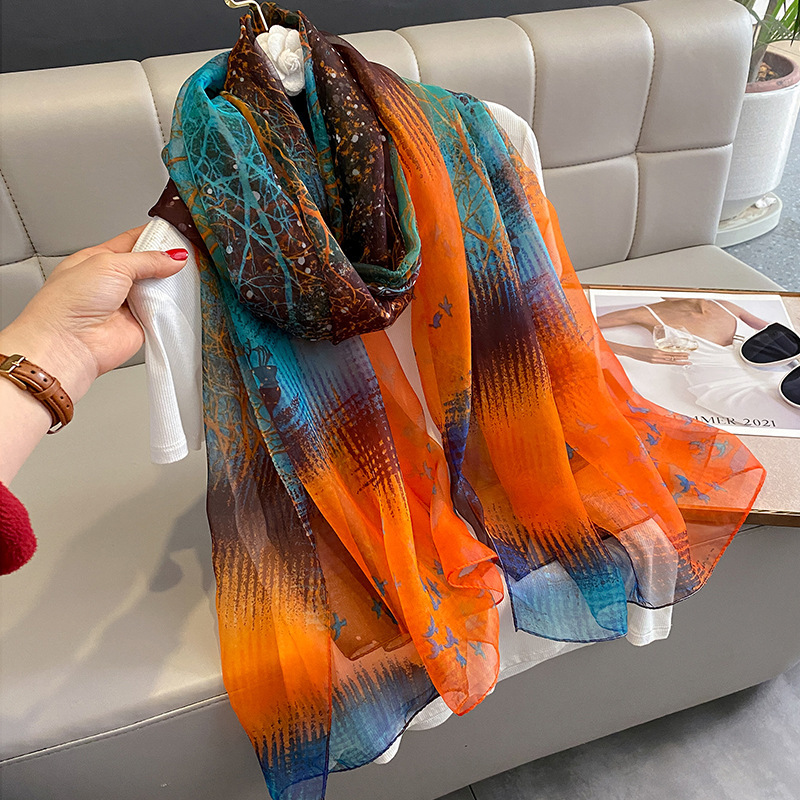 Women's Thin Silk Scarf For Spring Autumn Versatile And Elegant Long Scarf Summer Seaside Sunscreen Beach Shawl