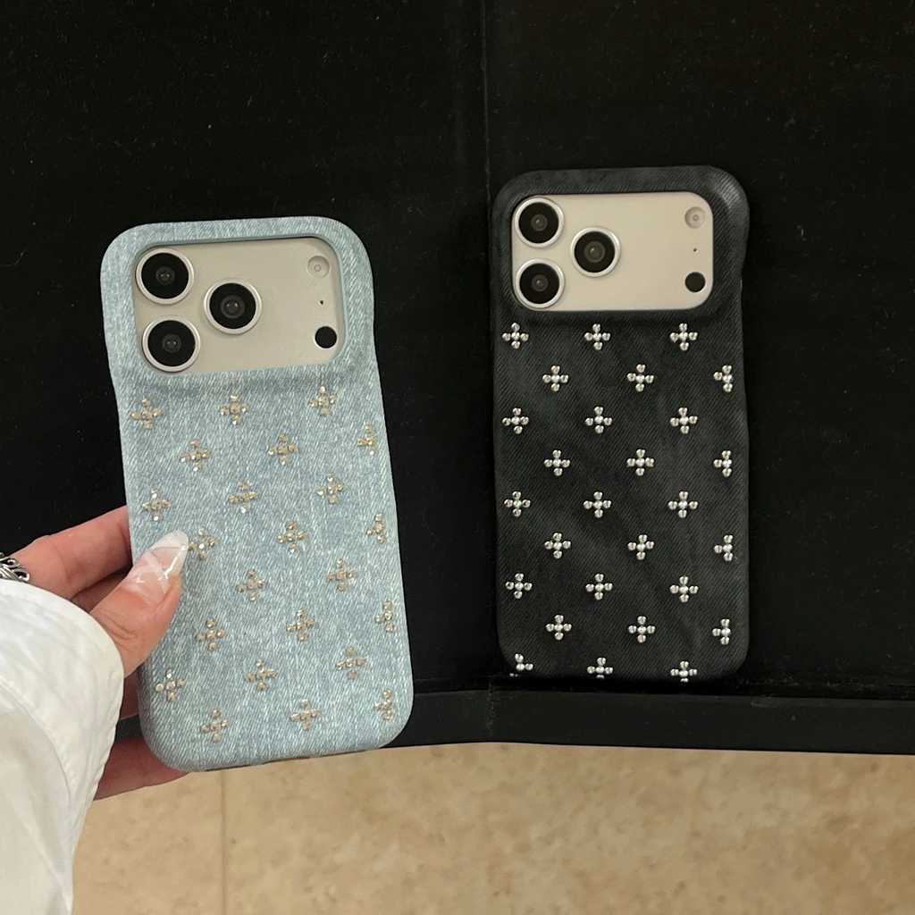 Retro Trendy Cool e Black Denim Texture Rivet Small Flower Shock Proof Phone Cover Case for iPhone 17 16 15 14 Pro Max C260314