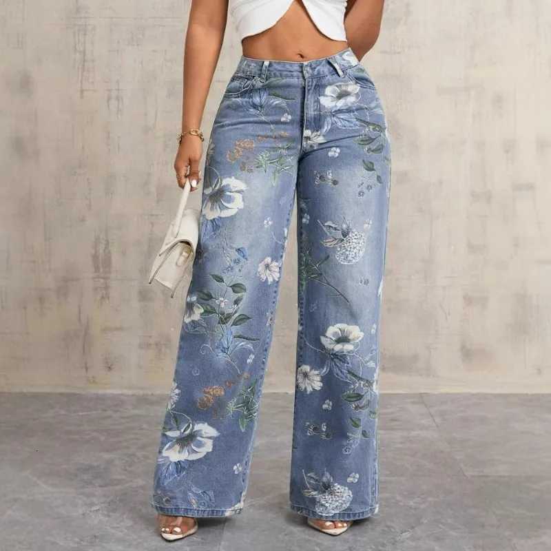 Baggy Pants High Waisted Jeans Womens Gothic Style Mid-Waist Printed American Loose Versatile Design Denim JeansT260317