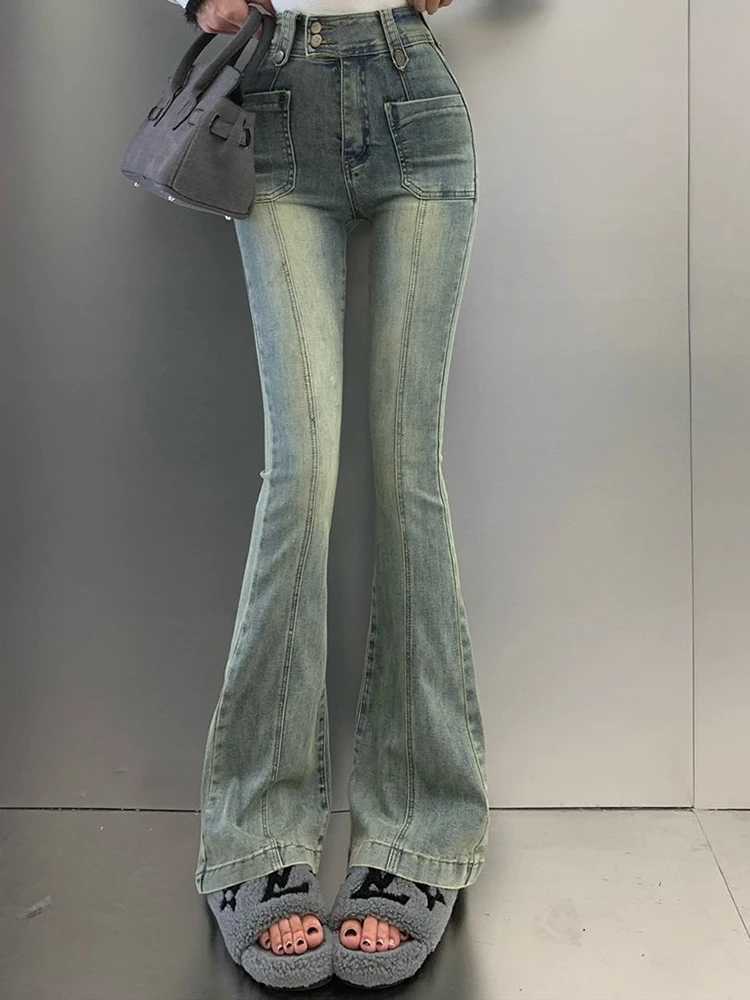 Female High Waist Elastic Micro Flared Woman Hong Kong Style Denim Bell Bottom Pants Woman Retro Blue Oversized Boot Cut Jeans M260317