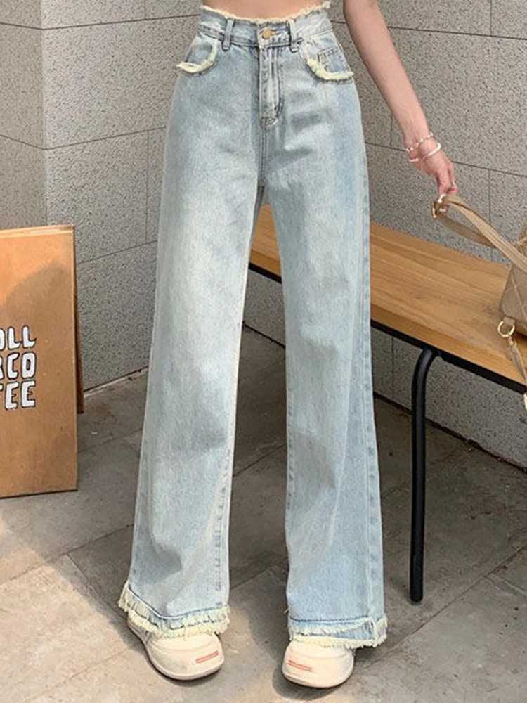 Women High Waist Raw Edge Washed Jeans s Light Color Straight Leg Denim Pants Lady Blue Hong Kong Style Retro Loose Trousers M260317