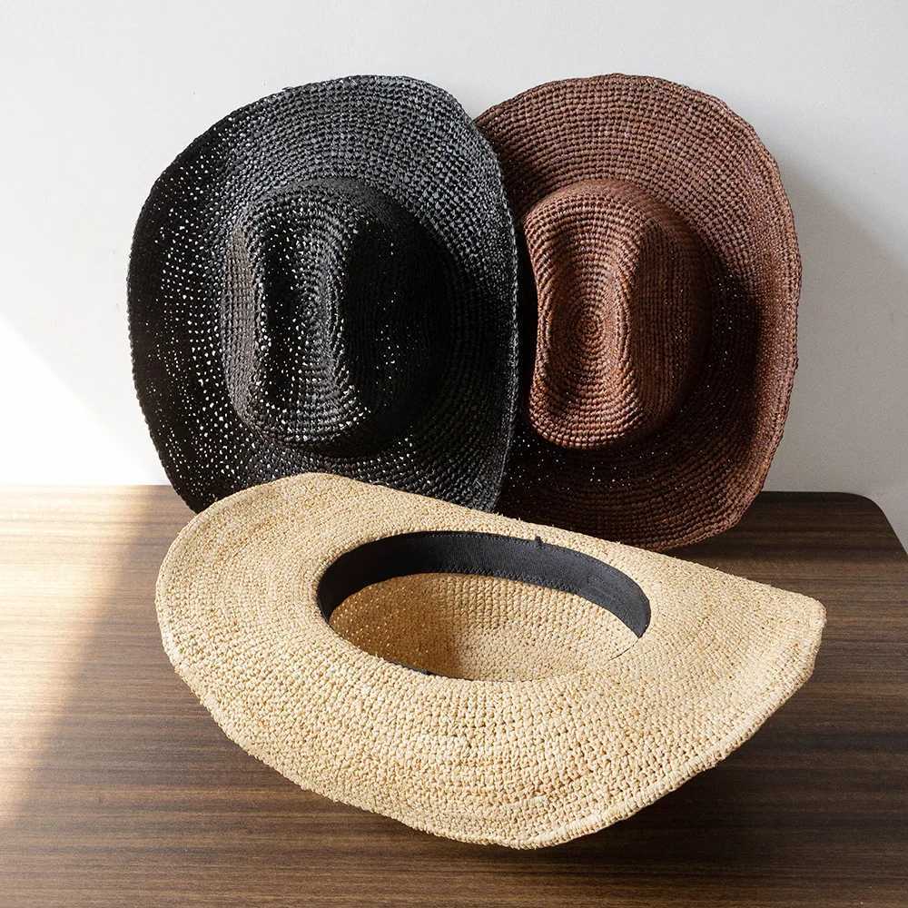 USPOP Hand-crocheted Natural Raffia Straw Cowboy Hat for Women Men Summer Wide Brim Sun Hat Outdoor Breathable Beach Caps H260317 - view 7