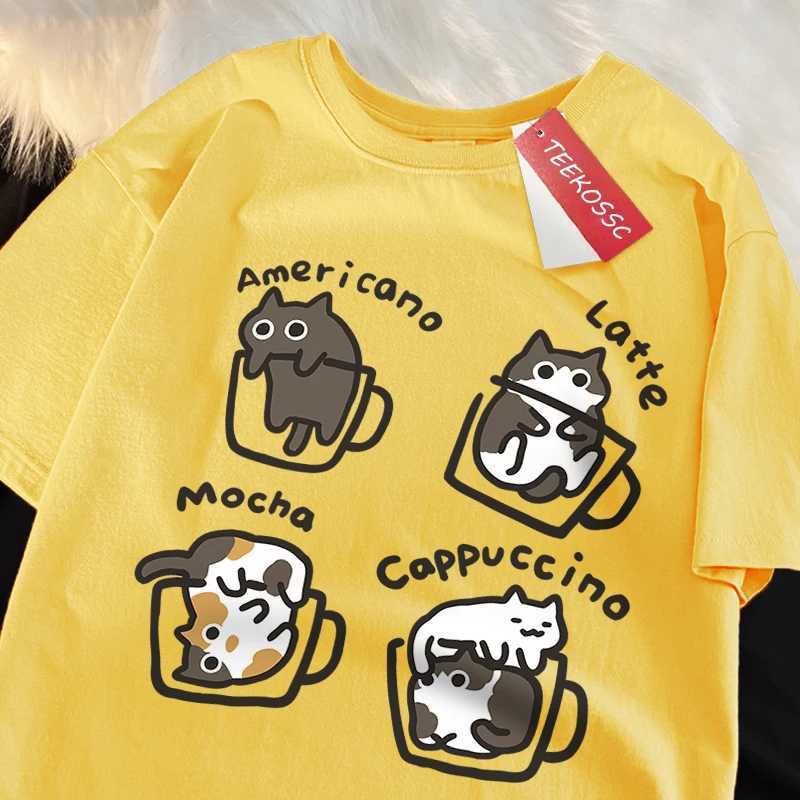 American Style Coffee Cat Print T-Shirts Man Casual Cotton T-Shirt Summer Breathable Tee Clothing Casual Loose Male T-Shirts M260317
