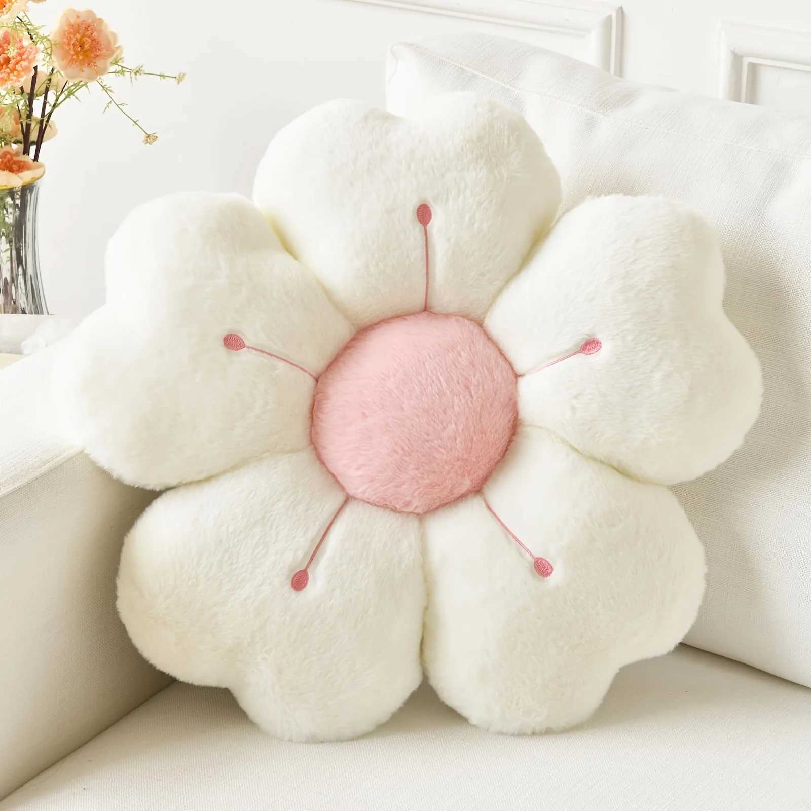 Soft Plush Daisy Flower Throw Pillow - Cozy Decorative Cushion for Bed Sofa White/Pink Adorable Floral Desig D2603171