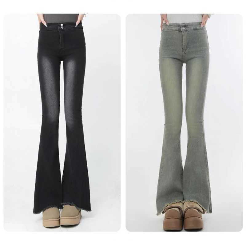 Women Black Gray Straight Leg Flared Jeans Lady Slim Fit Denim Trousers s Chic Fashion Raw Edges High Waist Pants M260317