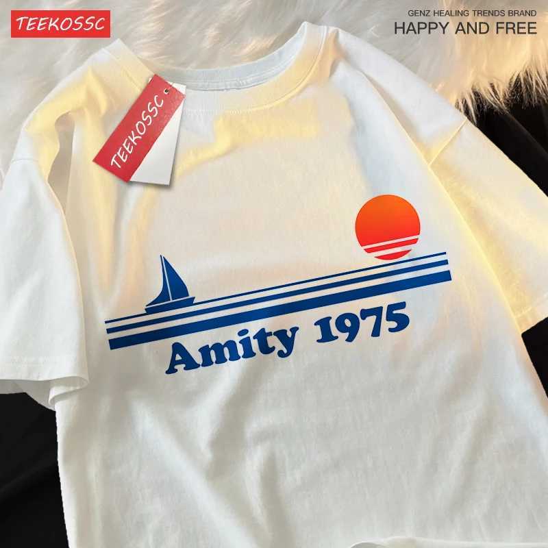 Amity 1975 The Sailboat Of Hope Mens Street Clothing Breathable Oversized T-Shirts Brand Tops Cotton Casual T Shirt Couple M260317