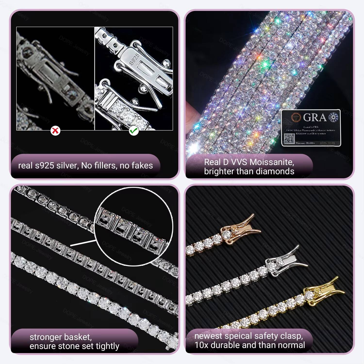 USA Stock 3mm 4mm Moissanite Bracelet Tennis Chain 925 Silver GRA Certified VVS Moissanite Tennis Bracelet