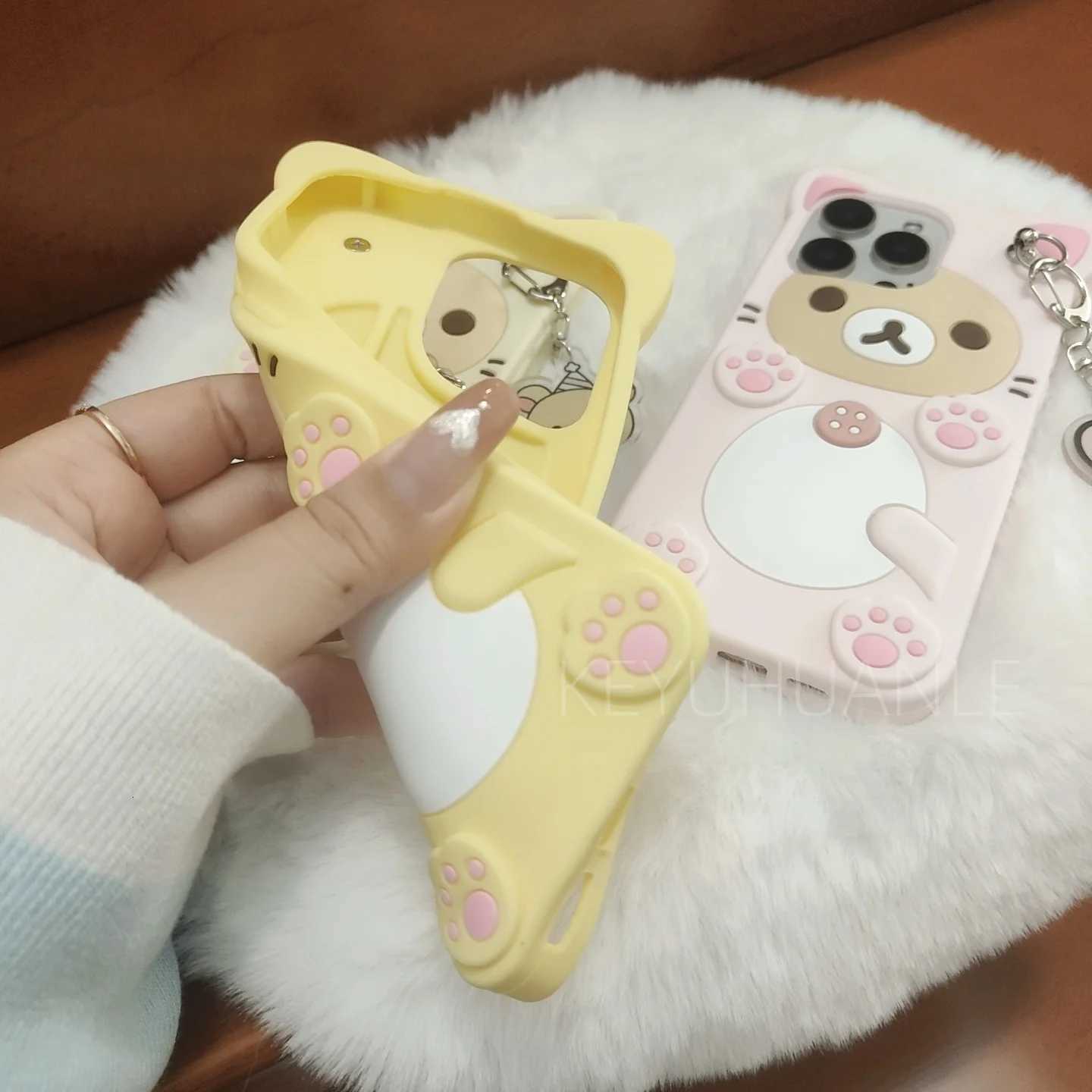 Cute Cartoon 3D Rilakkuma Phone Case For iPhone 17 16 15 14 13 12 11 Pro X XS Max XR 6 7 8 Plus 5 5S SE Key Chain Pendant Cover C260314