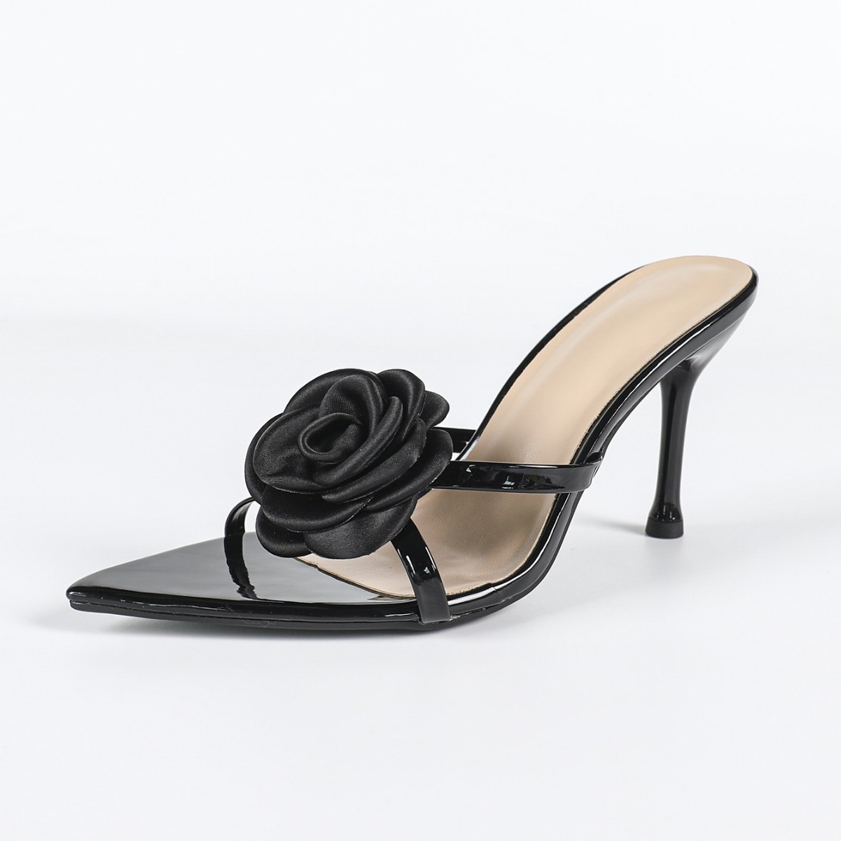 2026 Women's Black Floral Stiletto Mules, Pointed Toe Satin Flower High Heel Slides for Party Club