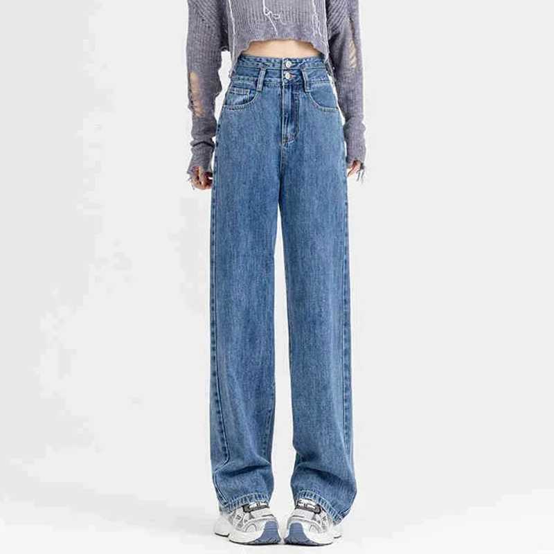 New Woman Chic Double Buckle High Waist Jeans s Casual Baggy Wide Leg Pants Lady Korean Designer Straight Leg Denim Trousers M260317