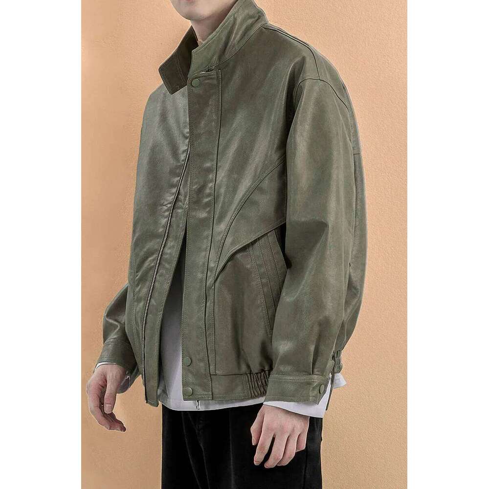 Baseball Collar Black Autumn Men Green Man Trendy Casual Pu Jacket Male Loose Motorcycle Faux Leather Coat
