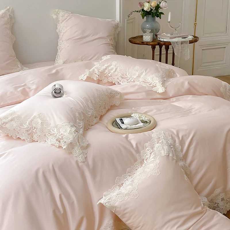1000TC Egyptian Cotton Romantic Lace Edge Princess Wedding Pink 4/7Pcs Bedding Set Duvet Cover Flat/Fitted Bed Sheet Pillowcases D260317