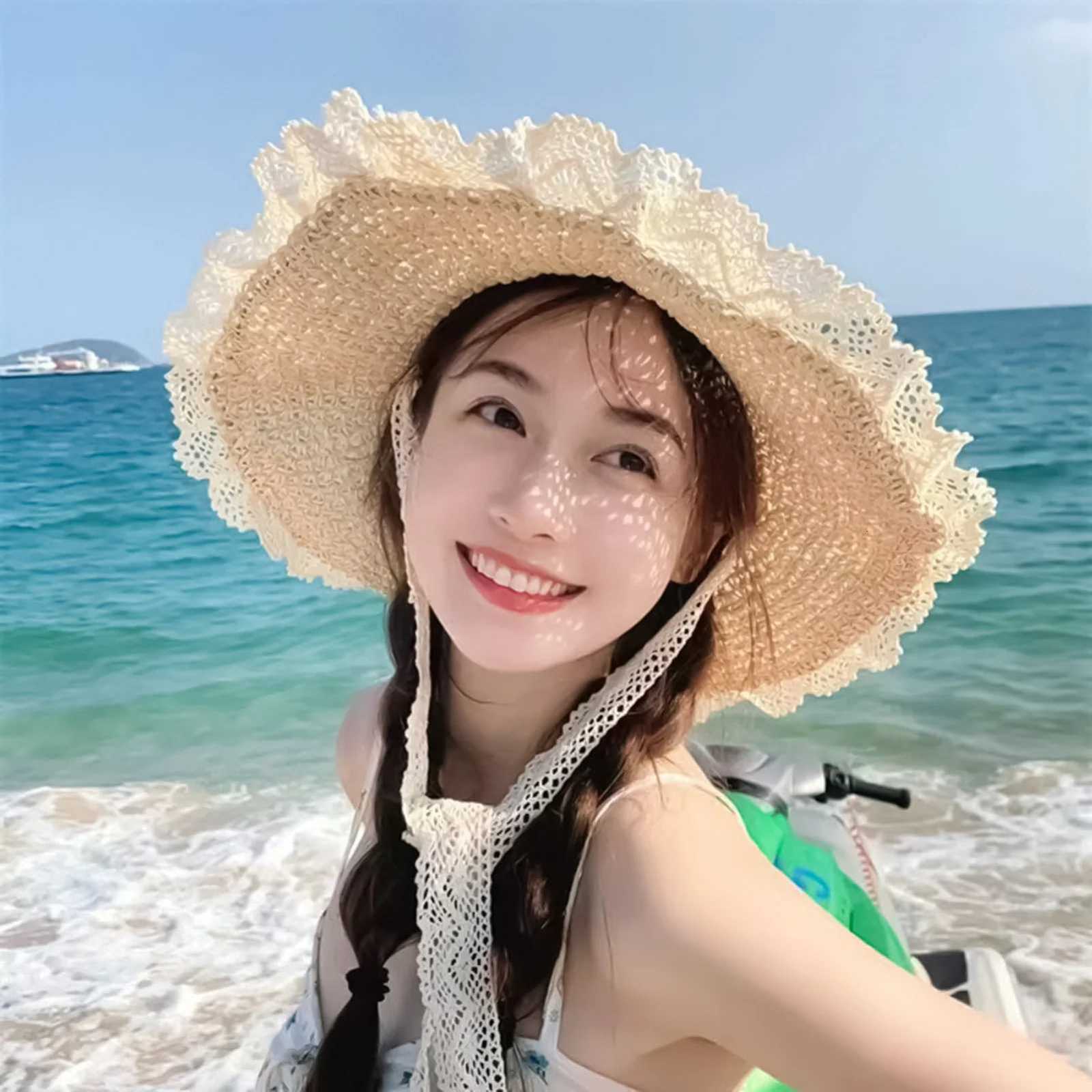 Women Summer Hat Lace Trimmed Tie-up Openwork Straw Hat Wide Brim For Sun Protections Beach Fashion Foldable Summer Accessory H260317 - view 7