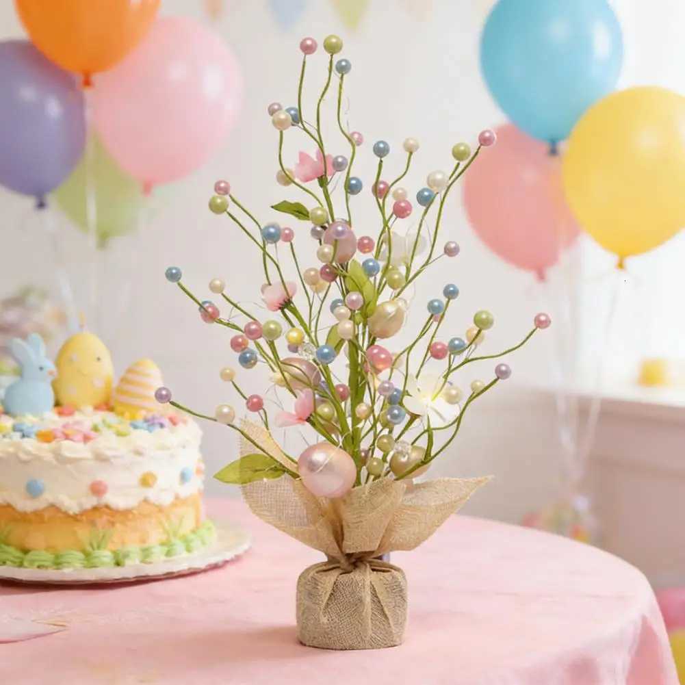 Pre-lit Easter Egg Tree with Burlap Base Battery Powered Easter Birch Tree with LED Light for Home Table Spring Party Decoration H260316