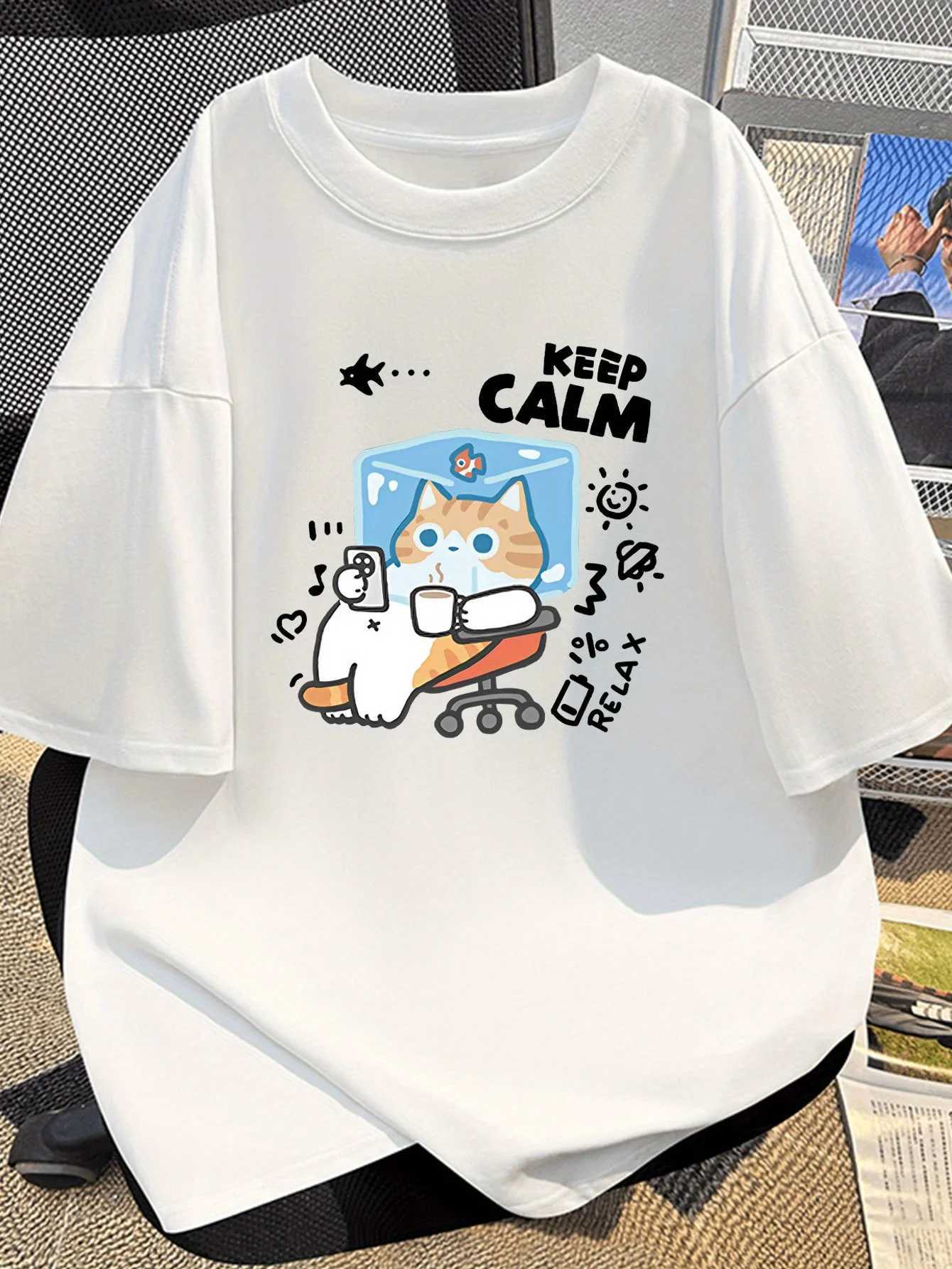 The New Summer Short-sleeved T-shirt for Men Features A Cartoon Cat Pattern and Made 100 Cotton A Loose Fit Trendy Fashionable M260317