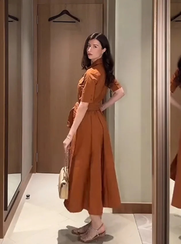 Fashion Pleated Waistband Long Dress Women Lapel Short Sleeve A-line Maxi Shirt Dresses Summer Lady Casual Street Outfit 260312 - view 5