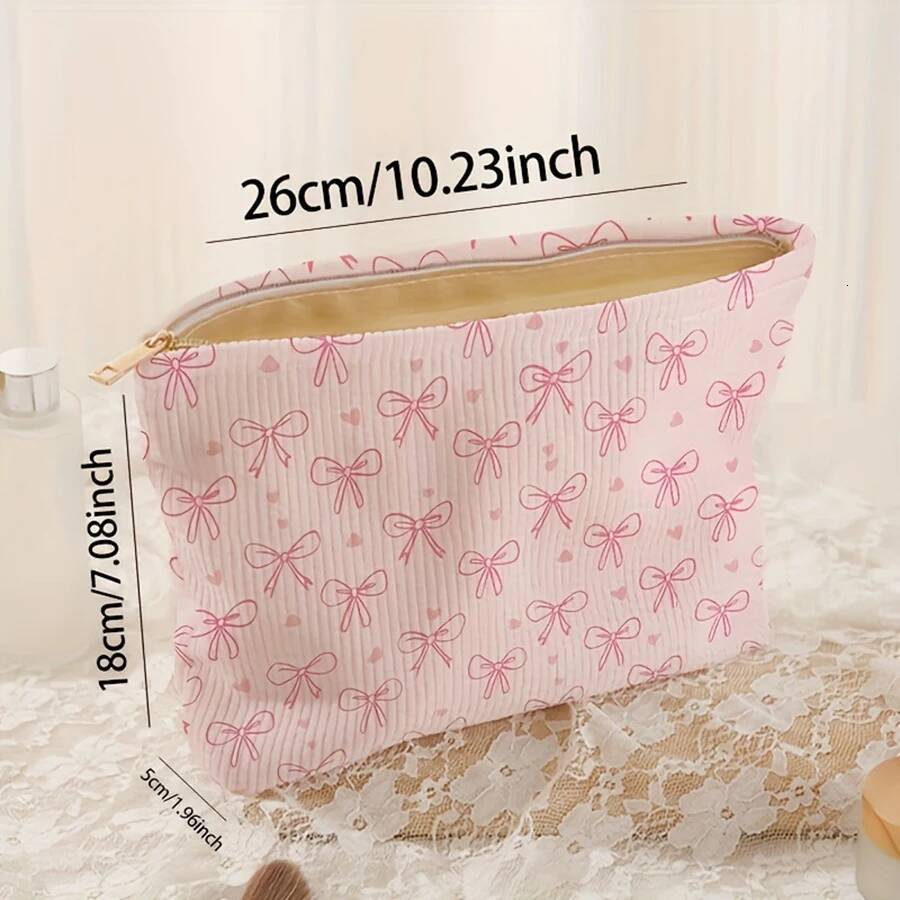 & Designed Minimally Pink Bow Pattern Printed Corduroy Zipper Makeup Bag Lightweight And Multifunctional Cosmetic Storage Bag