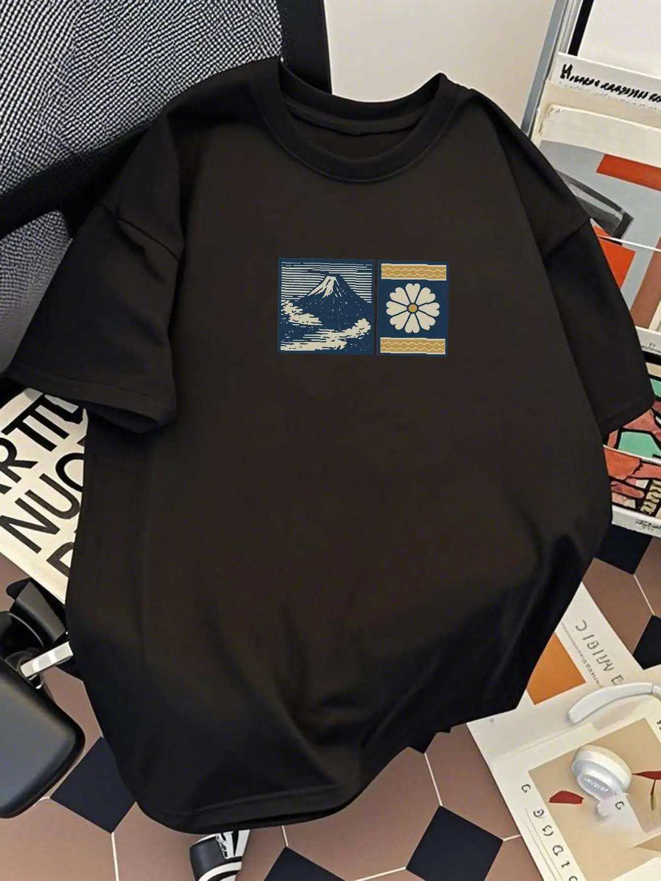 New Summer Men Loose T-shirt with Japanese Waves and Sun Patterns 100 Pure Cotton Versatile and Trendy Fashionable Comfortable M260317