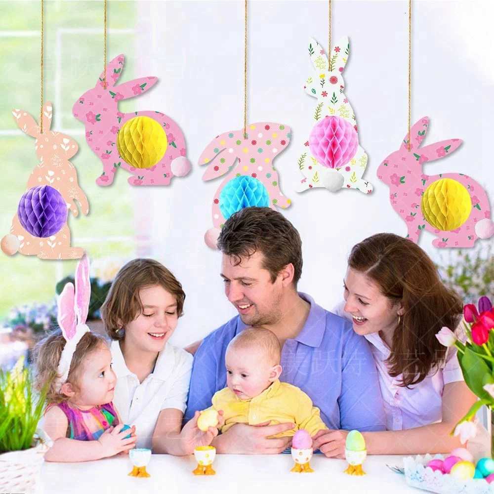 4pcs Easter Colorful Bunny Hanging Pendant Easter Rabbit shape Hanging Honeycomb Paper Ball Ornament Easter Spring party decor H260316
