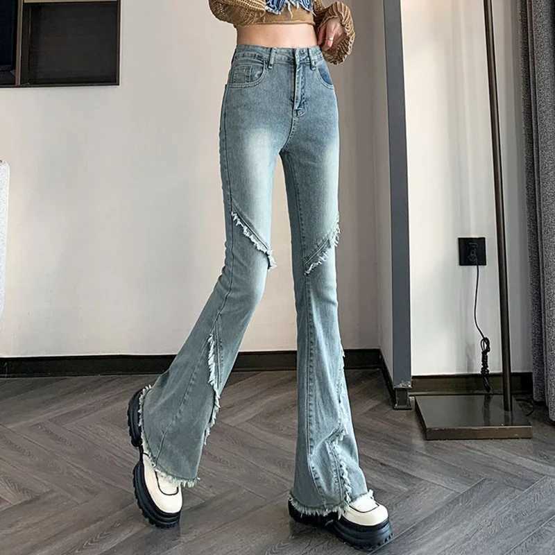 s Chic Raw Edges Straight Leg Flared Jeans Lady High Waist Solid Denim Pants Hot Sale Women Fashion Casual Trousers M260317