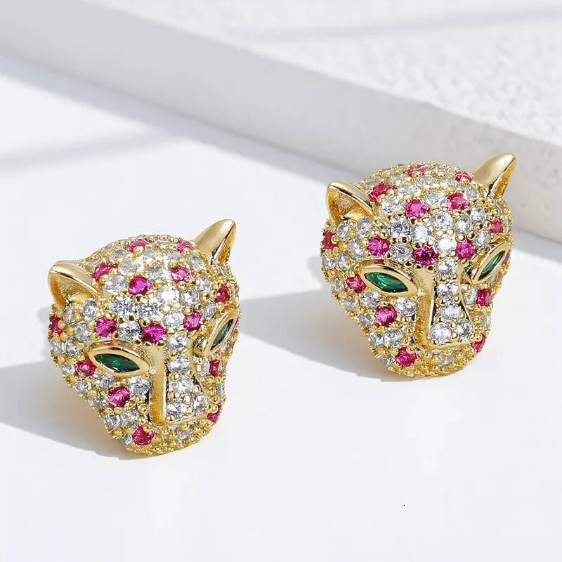 Leopard Domineering Head Stud Earrings For Women Men Gold Silver Color Rose Red White Zircon Hiphop Bar Big Ear & Studs Jewelry