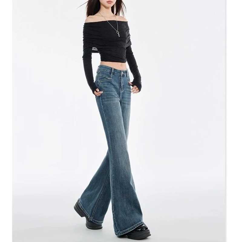 2025 Women Retro Blue Flared Jeans Hot Sale Lady High Waist Casual Denim Trousers s Classic Korean Straight Leg Pants M260317