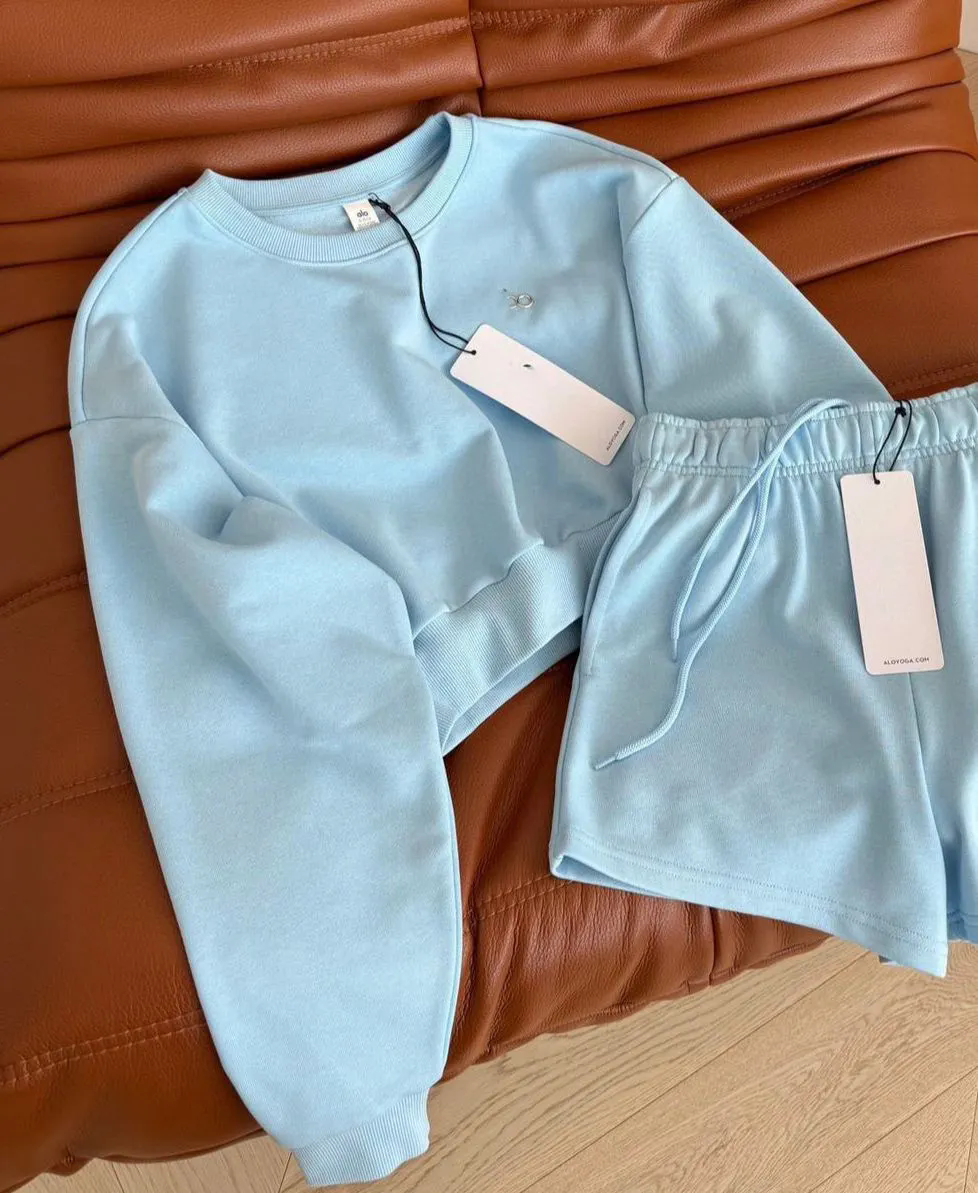 US stock Luxury Women Yoga Sets Designer Cropped Sweatshirts+Shorts Crew Neck Pullover Active Short Tracksuit Weekend Jogger Sportswear