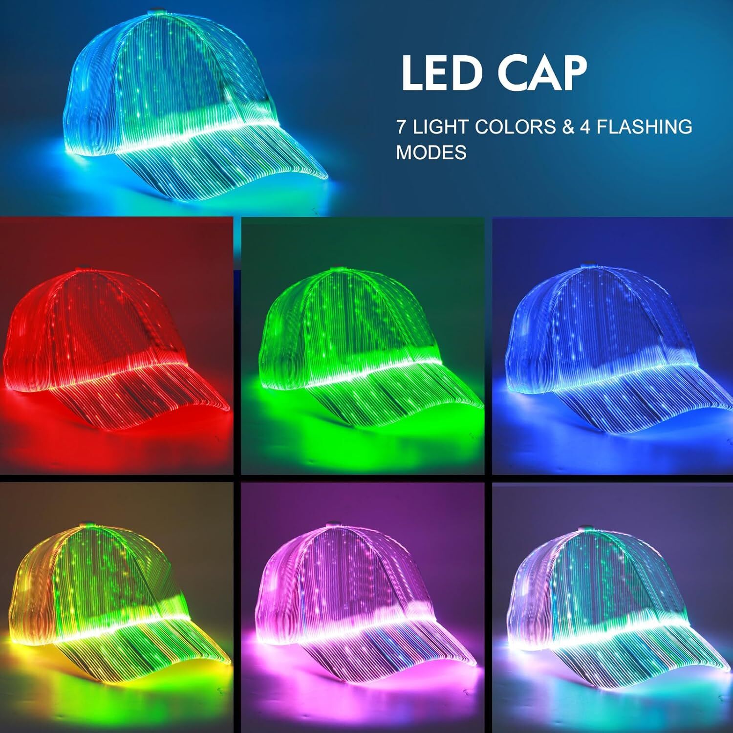 LED Fiber Optic EDM Baseball Lights Up in 7 Colors USB Rechargeable Cap Carnival Party Accessory