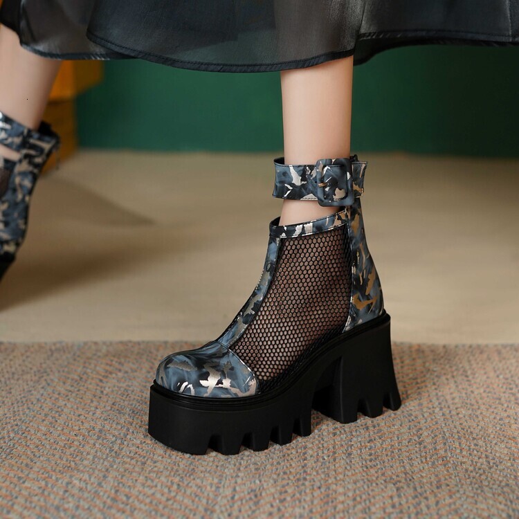 2026 Summer New Chunky High Heel Mesh Hollow Out Sandals for Women, Floral Leather Ankle British Style Martin Boots, Trendy ddmysaturn