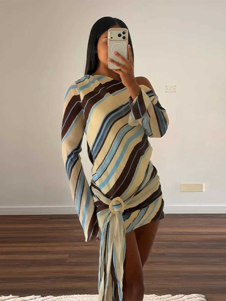 Chic One Shoulder Striped Resort Dress Women Contrast Tie Waist Full Slve Mini Dresses Female Boho Fashion Beach Lady Vestidos X260316