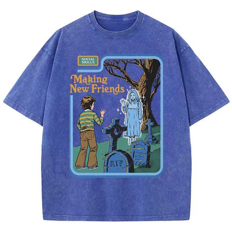 Social Skills Making New Friends Washed Retro Male Women T-Shirts Hip Hop Breathable Tops Casual T Shirt Oversized Cotton T-Shir M260317
