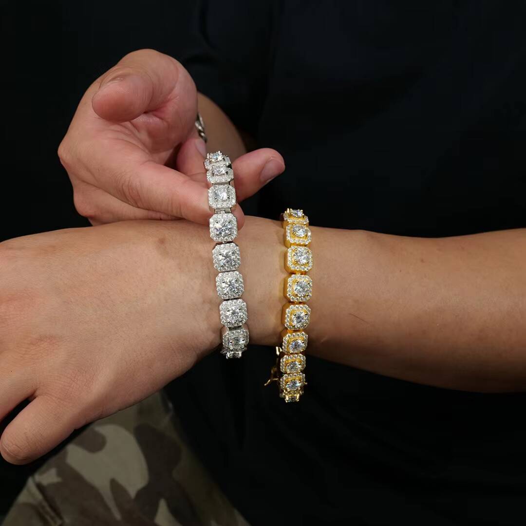 Hip Hop Moissanite Clustered Tennis Bracelet Yellow / White Gold Plated Square Clustered Cuban Chain Bracelet Bangle 925 Silver