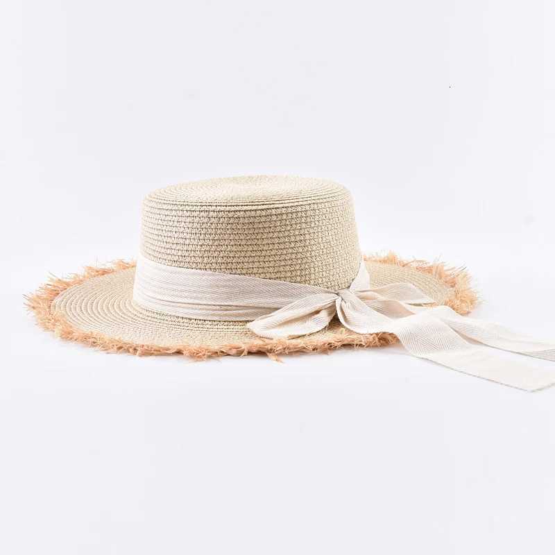 Summer Flat Top Straw Hat For Women Elegant Bow Tie Beach Sun Protection Hat H260317 - view 6