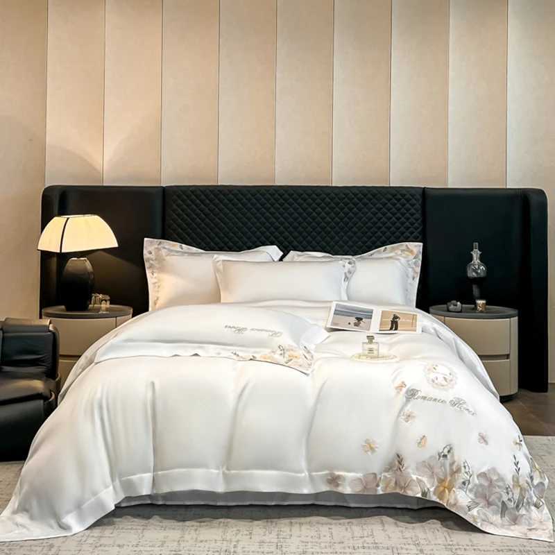 Lyocell Bamboo Fiber Soft Silky Cool Feeling Bedding Set Flower Embroidery Duvet Cover Bed Sheet/Fitted Sheet Pillowcases 4Pcs D260317