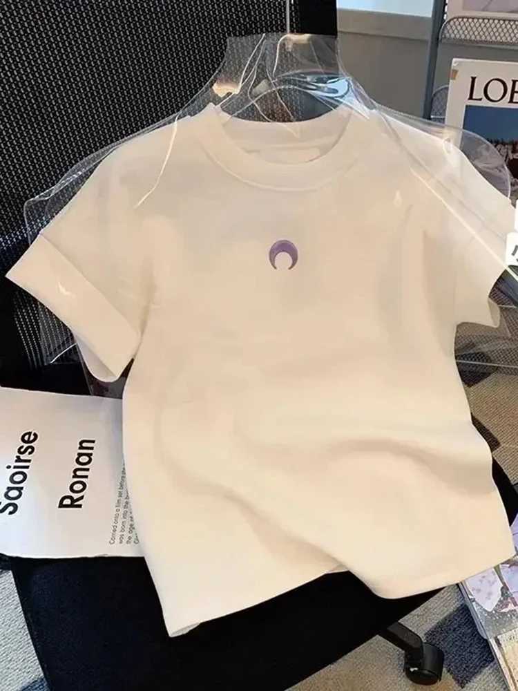 Womens White Moon Print Short Sleeve T-Shirt Summer Casual Round Neck Basic Tee Niche Fashionable and Versatile Top M260317