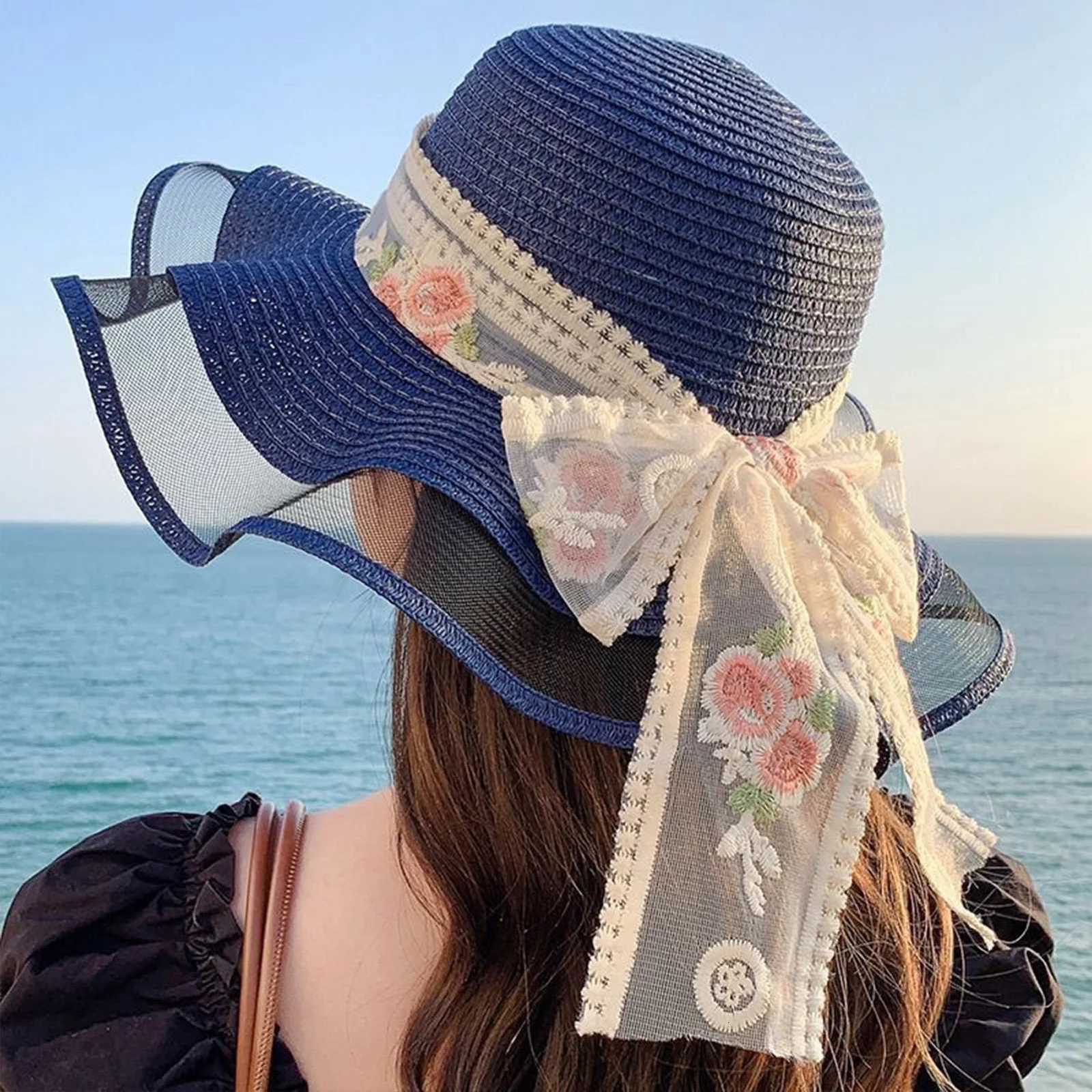 Summer Beach Straw Sun Hat Breathable Sun Hat Travel Wide Brim Summer Straw Hats with Ribbon for Outdoor Sports Hiking Travel H260317 - view 5