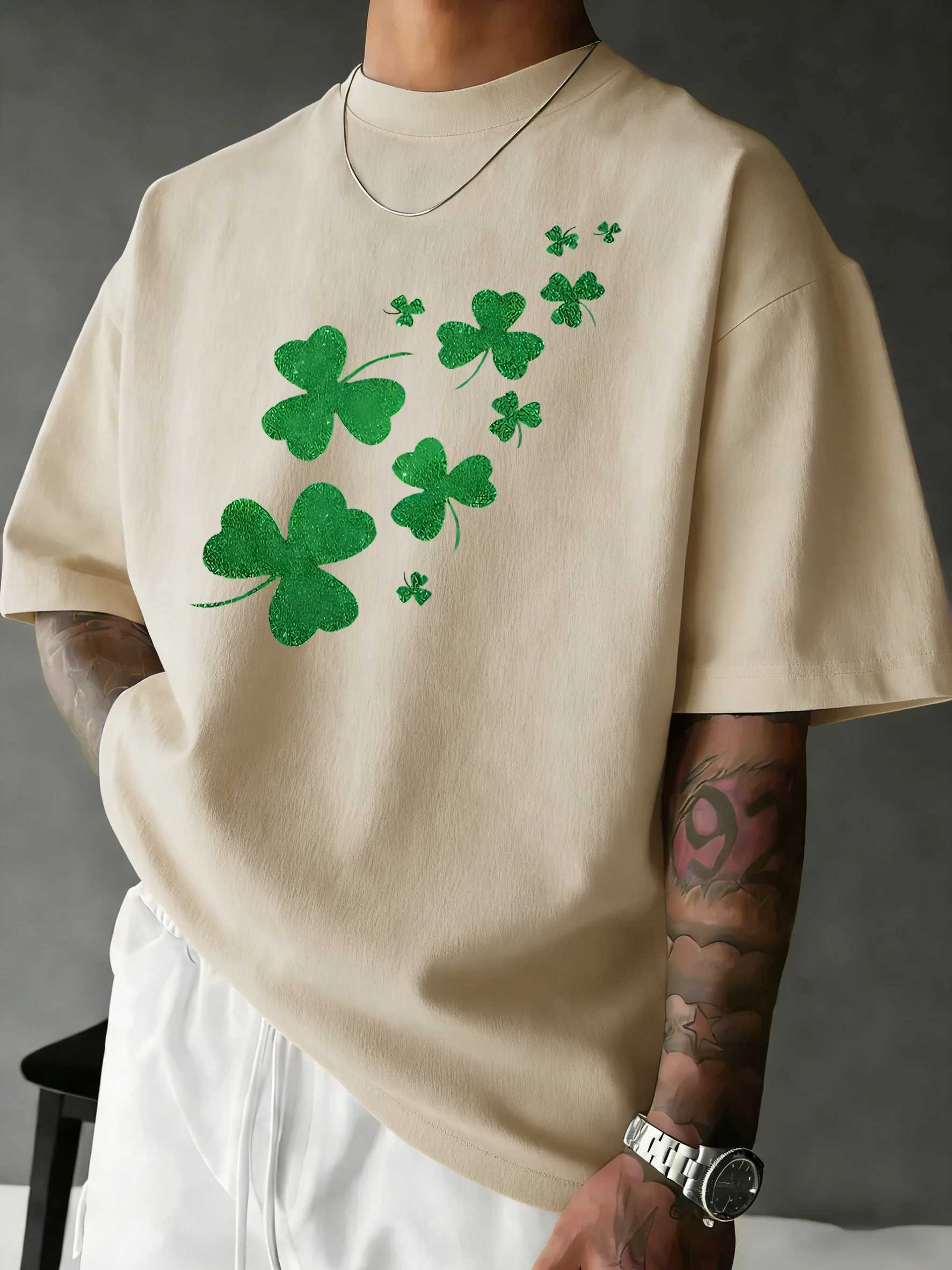 Green Cloversprinting Fashion Basics T-Shirt Man Cotton Crewneck Comfy T Shirts Summer Loose Clothes Commute Sport Short Sleeve M260317