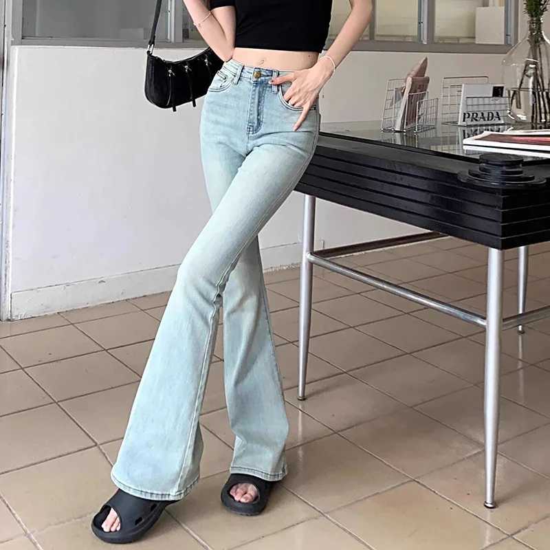 Women High Waist Blue Flared Jeans Pants 2025 Korean Female Straight Leg Denim Trousers Lady Classic Thin Daily Pants M260317