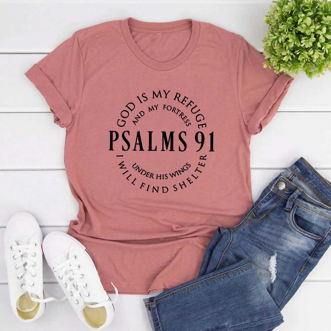 God Is My Refuge Psalms 91 Christian Shirt Christ Jesus Shirts Womens T-shirts Short Sleeve Religious Tshirt Jesus Love Tees M260317